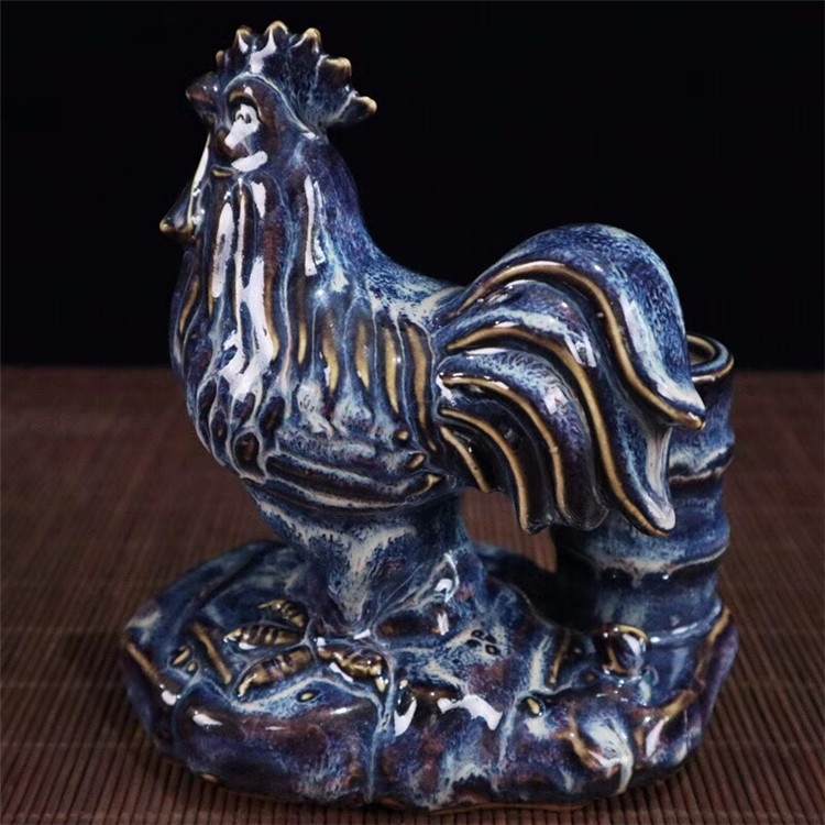 復(fù)古做舊古玩工藝品批發(fā) 探秘窯變藍(lán)釉錦雞圖紋筆筒擺件